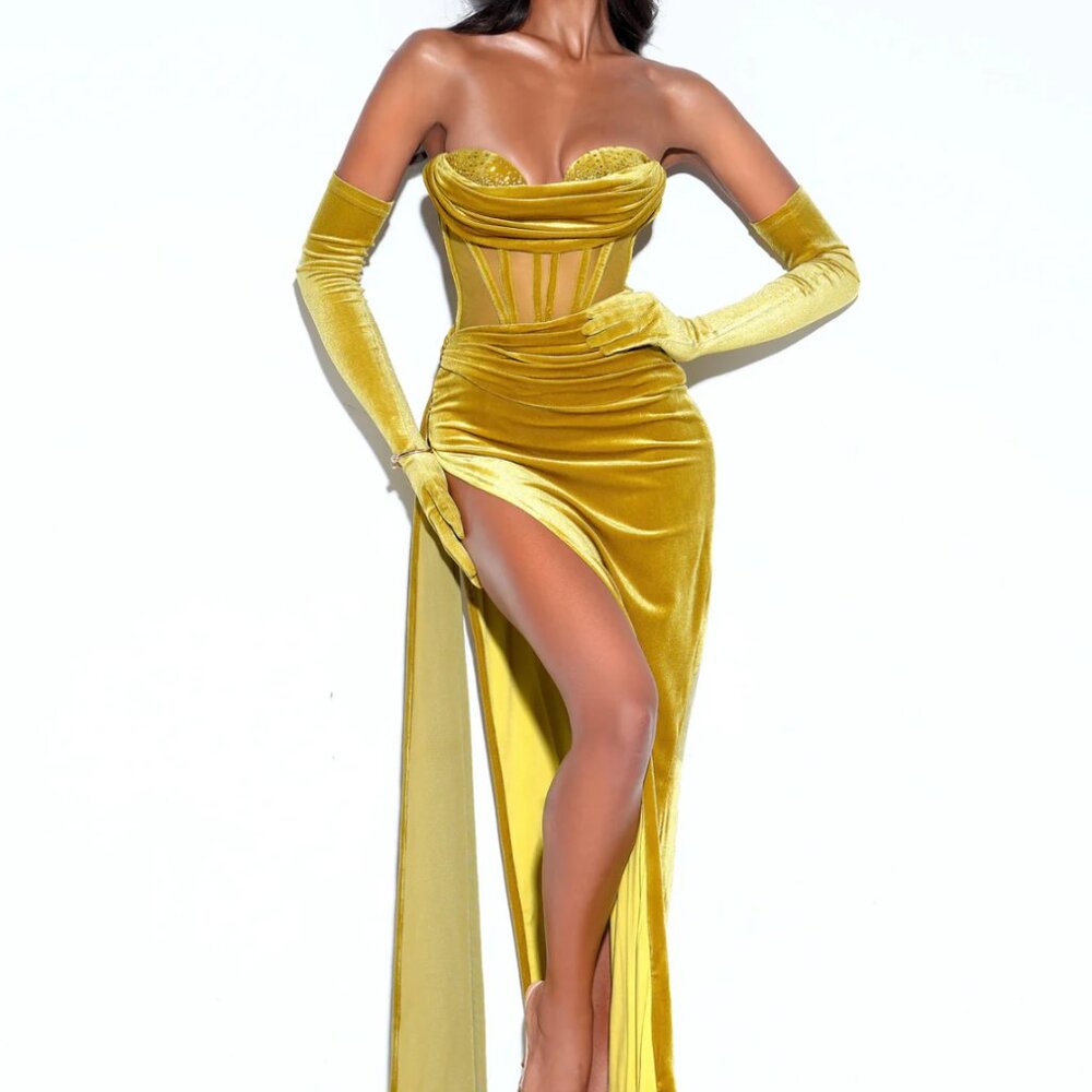 Octavia Gold Draping Crystal Corset High Slit Velvet Gown